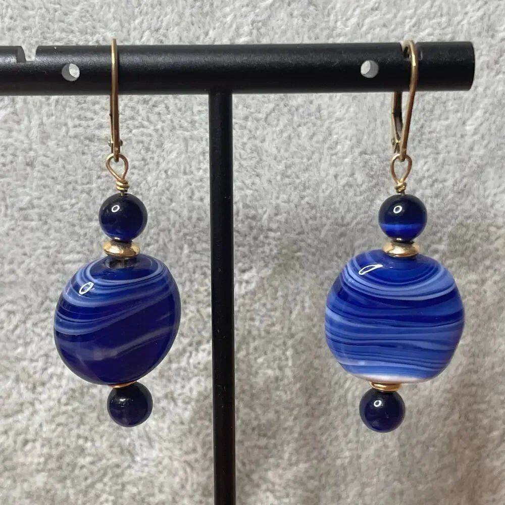 Handmade blue ceramic bead gold tone drop dangle earrings - Picture 2 of 5